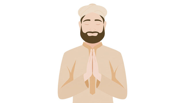 Isolated man in turban and traditional attire with beard performing namaste gesture, eyes closed in prayer