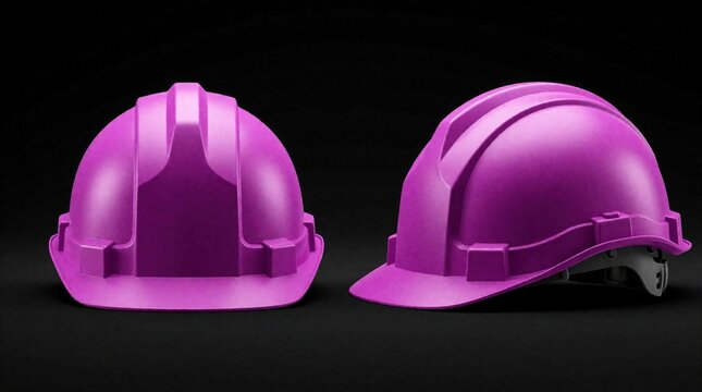 Magenta hard hat mockup on black background. Two views of pink safety helmet for construction worker. Industrial protective headwear shows glossy plastic texture. Useful gear for building site,