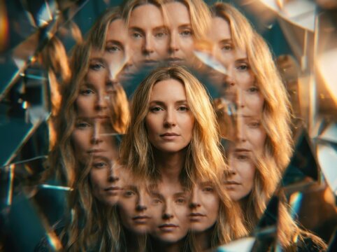 Portrait of a woman with long wavy blonde hair looking directly at the camera, surrounded by layered kaleidoscopic mirrored reflections of her face and hair in warm golden orange and teal blue tones.