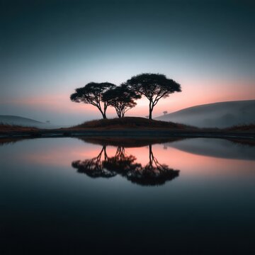 Silhouetted acacia trees standing on a small hill reflecting perfectly in the calm water at dawn with misty hills in the background under a colorful sky