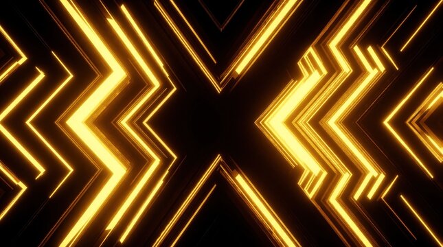 Abstract golden neon lines form geometric patterns in dark space. Bright glowing light beams create tunnel effect for music stage club party. VJ loop background with energy motion for EDM concert,
