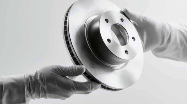Hands in protective gloves carefully holding and inspecting a shiny new ventilated brake disc rotor against a light background in quality control process