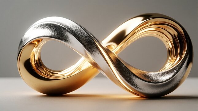 Abstract metallic infinity loop sculpture in gold, silver tones. Twisted ribbon shape rests on neutral surface with soft lighting. Modern geometric design shows continuous flow, symmetry. Elegant 3D