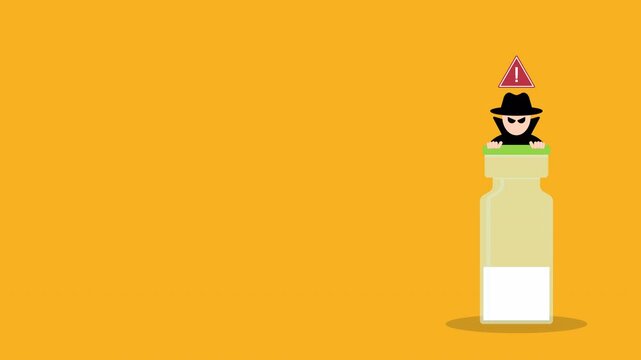 Fake peptide vial. Peptide with criminal selling illegal drugs. Fake drugs, pharmaceutical. Symbolic for harmful counterfeit pills, risk and danger of illegal produced and sold pharmaceuticals.