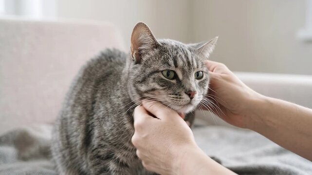 Caregiver keeps a grey tabby cat close during household activity