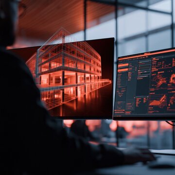 Architect or engineer working on building design using advanced 3d modeling software and dual monitors in a modern office environment at sunset