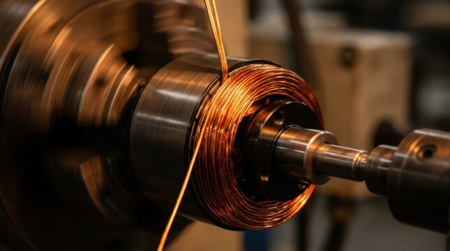 Automated production spindle wrapping copper wire winding tightly into a high-torque brushless electric motor stator in an industrial manufacturing plant.