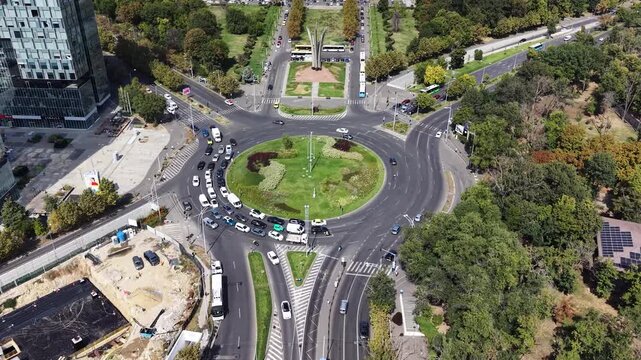 Aerial of Free Press Square (Piata Presei Libere) roundabout, Bucharest, Romania