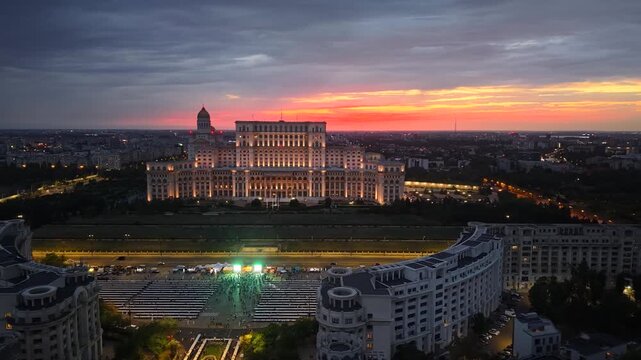 Aerial of Palace of Parliament and Constitution Square, Bucharest, Romania