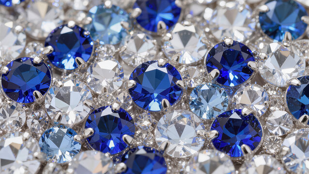 blue sapphires and clear diamonds set in silver prongs packed together, extreme closeup jewelry photography, conceptual engagement, timeless elegance and precious value for a wedding gift concept