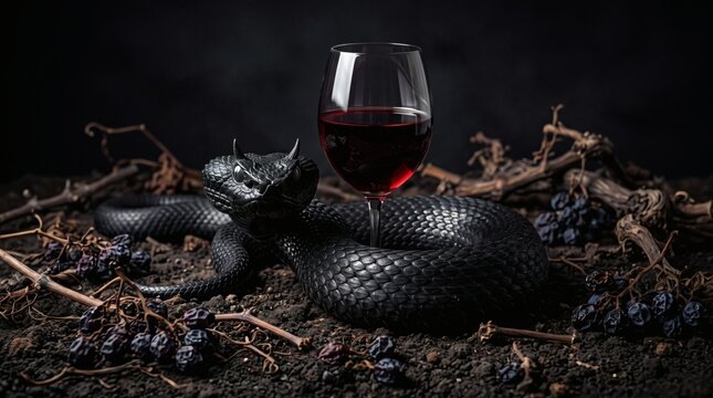 Black Snake Coiled Around Red Wine Glass Dried Grapes Twisted Vines Dark Soil Temptation Forbidden Fruit Eden Biblical Concept Dark Wine Surreal