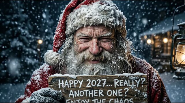 Humorous close-up portrait of an satirical Santa Claus holding a ironic sign at night