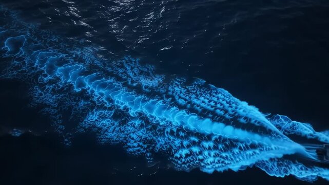 Aerial view of motorboat crossing dark ocean leaving glowing blue bioluminescent wake. Night sea cruise with luminous plankton trail. Boating, nature phenomenon and travel concept