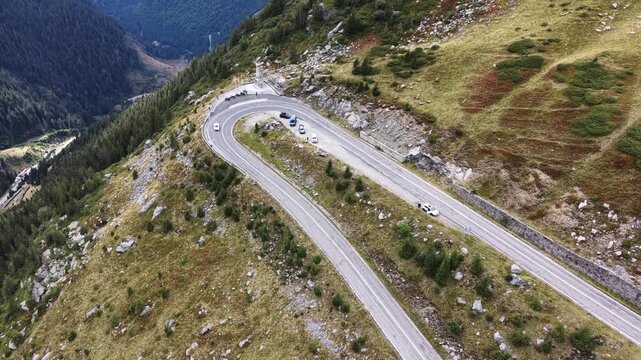 Aerial view of U-turn curve on Transfagarasan Road, Fagaras Mountains, Romania