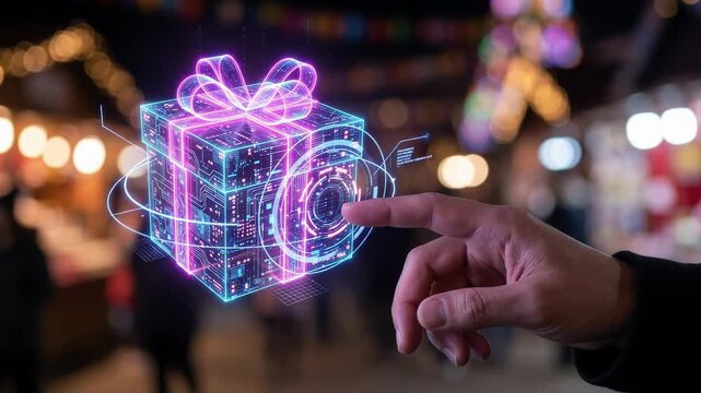 Hand touching glowing holographic gift box over blurred festive market at night. Hologram present with circuit pattern and bow. Digital Christmas shopping, augmented reality technology