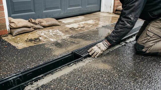 Worker in gloves installing black drainage channel grate on wet driveway outside garage. Trench drain fitting close-up. Home drainage, flood prevention and renovation work concept