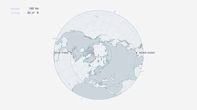 Animated flight route from New York to Hong Kong over the North Pole shown in four sequential frames. Polar projection map tracks distance and latitude progression.