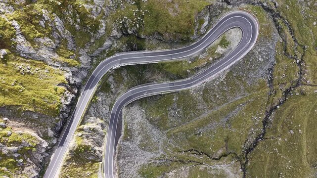 Top-down aerial of hairpin turn, Transfagarasan Road, Fagaras Mountains, Romania