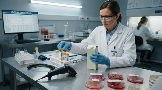 A public health investigator in nitrile gloves inspects plant-based milk cartons beside sample vials, a barcode scanner, and cultured agar plates in a laboratory. A stainless bench, cold chain chart