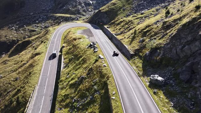 Drone shot of U-turn switchback, Transfagarasan Road, Fagaras Mountains, Romania