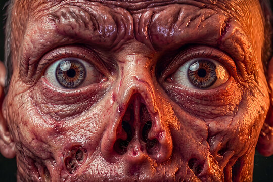 Extreme close-up of a horrifying zombie face with wide, staring eyes and facial decay