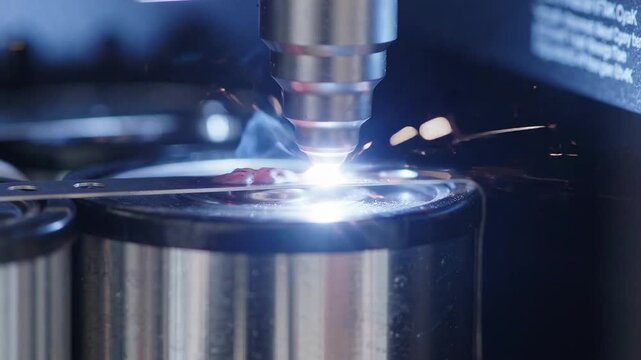 Industrial welding battery electrode tab precision manufacturing process showing concentrated light spark energy creates focused technical brilliant