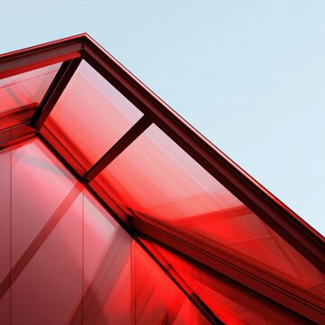 Modern architectural detail of a building corner featuring transparent red glass panels against a clear blue sky background with sharp geometric lines