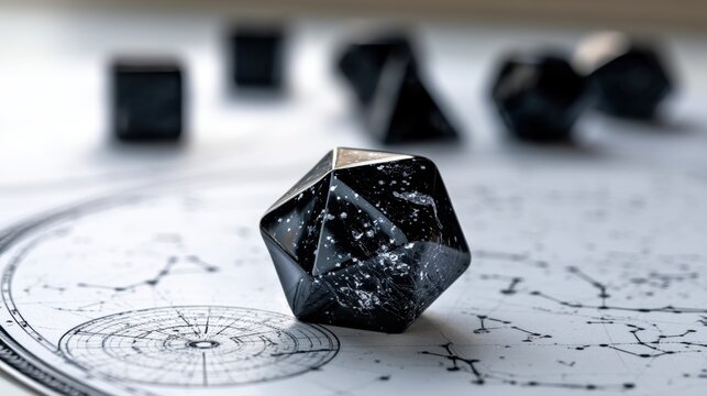 Glossy black multifaceted gaming dice on a star chart backdrop for tabletop role-playing and astronomy-themed adventures in a strategic setting