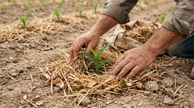 Farmer hands carefully planting a small seedling in dry soil, surrounded by straw mulch. The image conveys a sense of growth, agriculture, and hard work