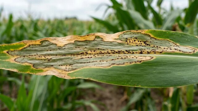 Close-up Macro Video of Diseased Corn Leaf Showing Fungal Infection with Necrotic Spots