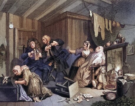 The Harlots Progress Expires while the doctors are disputing From the original picture by Hogarth from The Works of Hogarth published London 1833, Historisch, digital restaurierte Reproduktion von einer Vorlage aus dem 19. Jahrhundert, Record date not stated