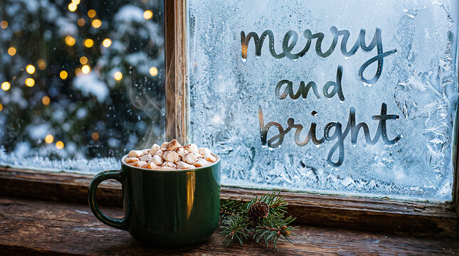 close up of hot chocolate mug with marshmallows next to a frosted windowpane showing the words merry and bright in frosty letters for charming seasonal social media content