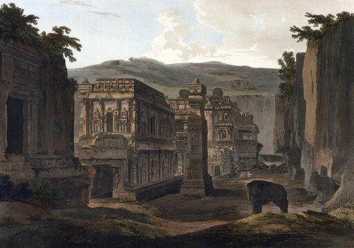 The Hindu Kailasa Temple of Ellora in the state of Maharashtra is the largest rock-cut temple in India carved out of a natural rock outcrop, ca 1880, digitally enhanced reproduction of a 19th century model