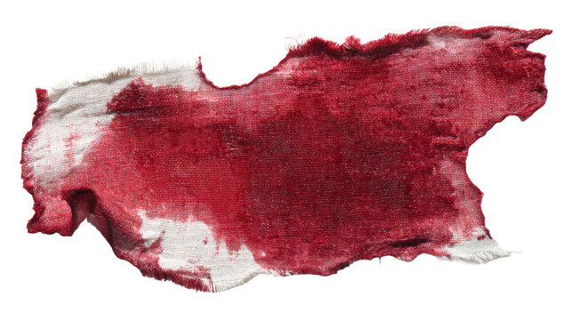  dark red blood stain soaked into white fabric with visible weave texture and irregular edges