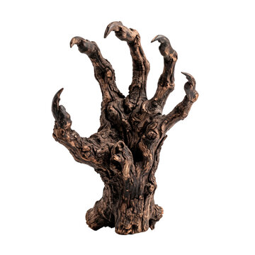 Spooky gnarled wooden hand with sharp claws emerging from the ground, perfect for Halloween themes PNG Isolated on transparent background