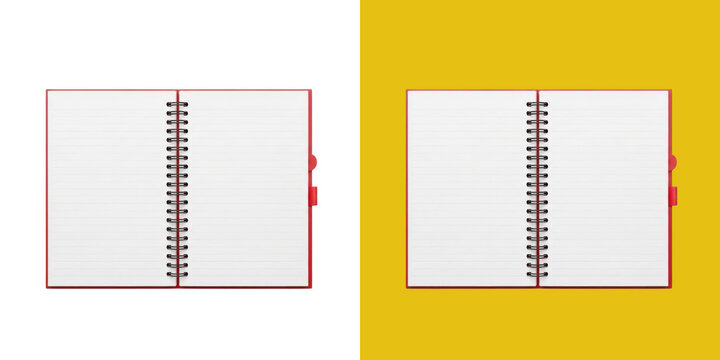 Open red spiral notebook with lined pages for notes and daily planning