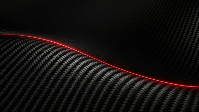 Carbon fiber texture with glowing red line, sleek black automotive composite material, modern industrial background for racing and technology