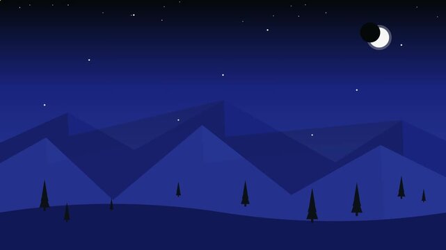 Minimalist digital animation of a lunar eclipse over dark geometric mountains