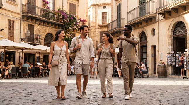 Lifestyle photography of adult friends walking through a tourist town while on vacation, wearing light clothing, carrying unobtrusive backpacks, with attractive architecture in the background
