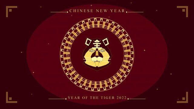 pixel art chinese new year tiger symbol animation with golden circle border and deep red background