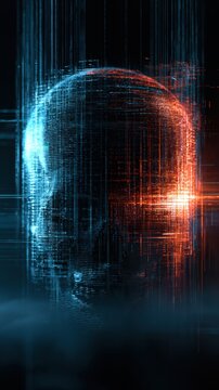 Futuristic digital skull composed of blue and red glowing binary codes with vertical light streaks on dark background symbolizing technology and data networks
