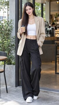 Young woman holding coffee cup wearing beige blazer and black cargo