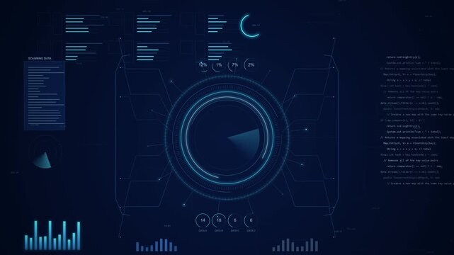 futuristic digital interface with glowing blue data visualizations, circular progress indicator, and charts, representing technology and analytics on a dark background