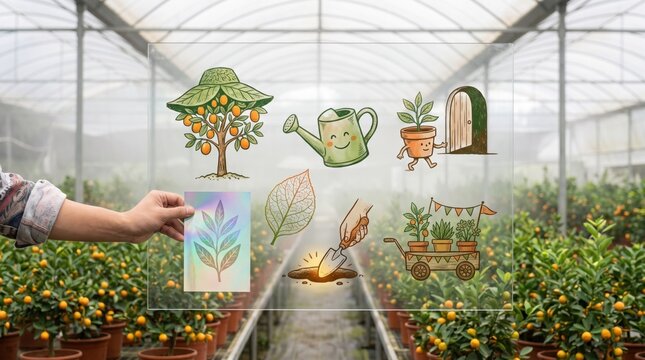Hand holding holographic leaf print card on glass board in citrus greenhouse with cute illustrations of lucky kumquat tree, watering can, trowel, and plant wagon for Lunar New Year