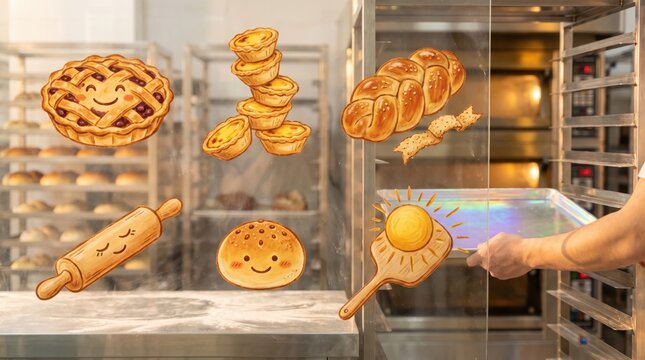 Hand holding holographic baking sheet behind bakery glass partition with warm illustrations of stacked egg tarts, braided bread, smiling pie, bun, and wooden peel for Lunar New Year