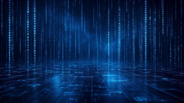 Abstract blue digital matrix background with glowing falling data streams and futuristic cyber circuit board floor