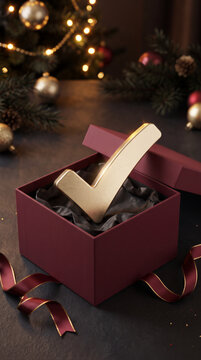 Gold checkmark inside a Christmas gift box