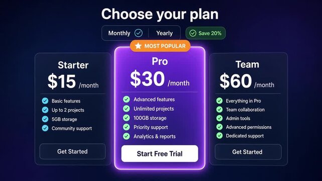 subscription pricing plans user interface for business service subscription packages and digital membership software tiers