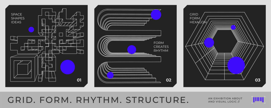 Modern poster with white 3d isometric geometric shapes and bright purple spheres on dark background. Swiss modern music festival poster concept