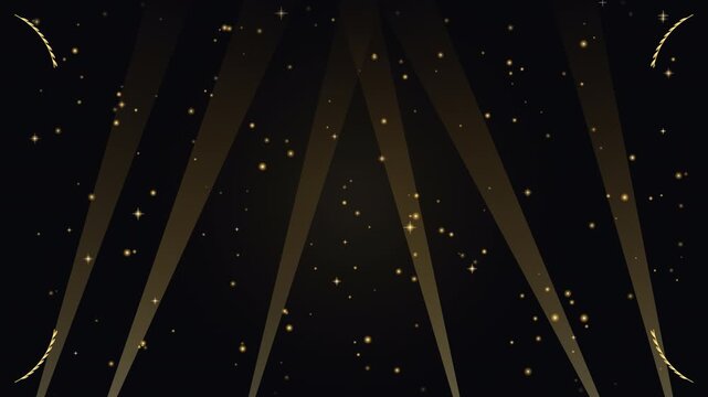 Luxury Awards Title Intro Frame with Golden Light Beams, Glitter Cascade, and Copy Space. Concept of Gala Ceremony, Red Carpet, and Fame.